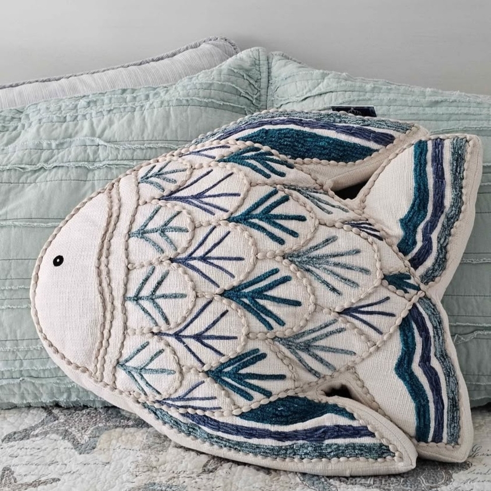 Anthropologie Blue and Cream Fish Accent Pillow